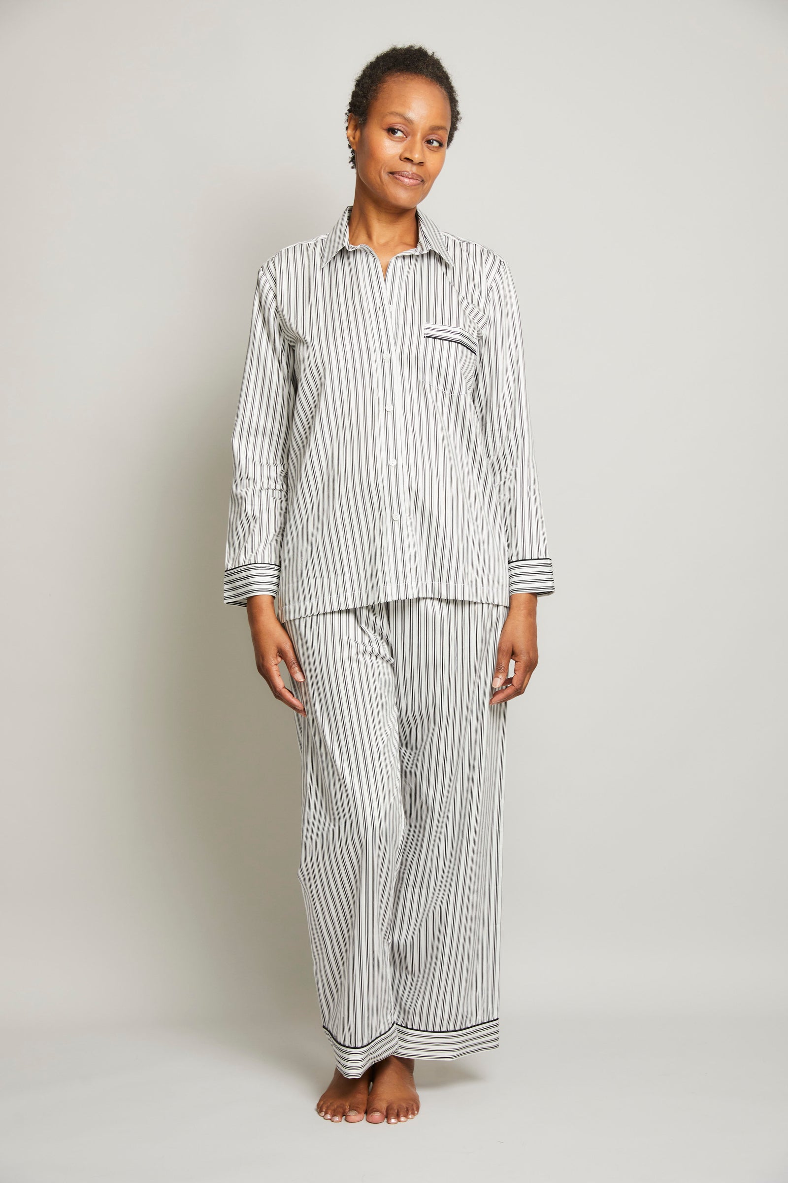 Cotton Sateen Striped PJ Set w/ Piping