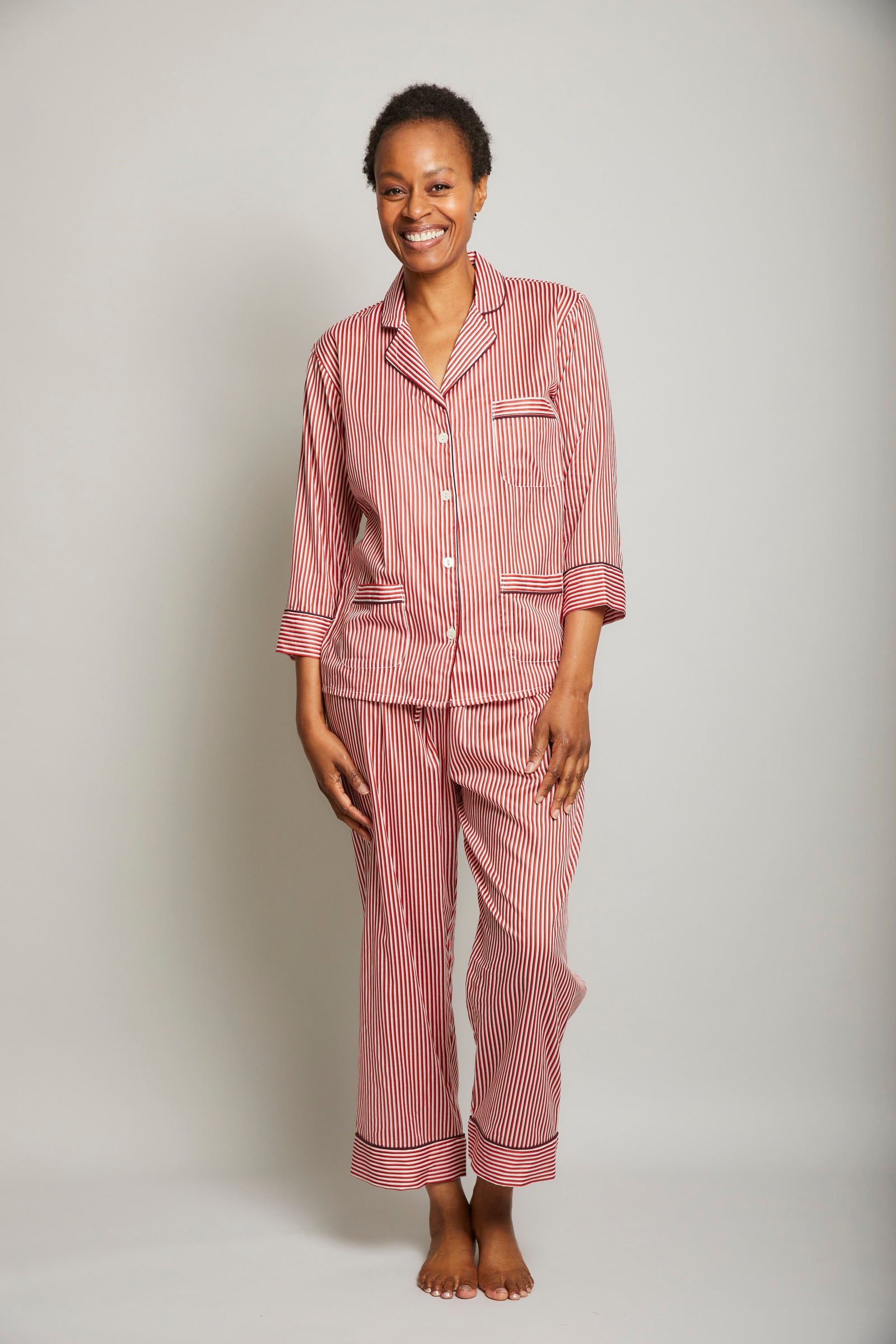 Striped 3/4 Sleeve Cropped Pant Pajama Set with Piping