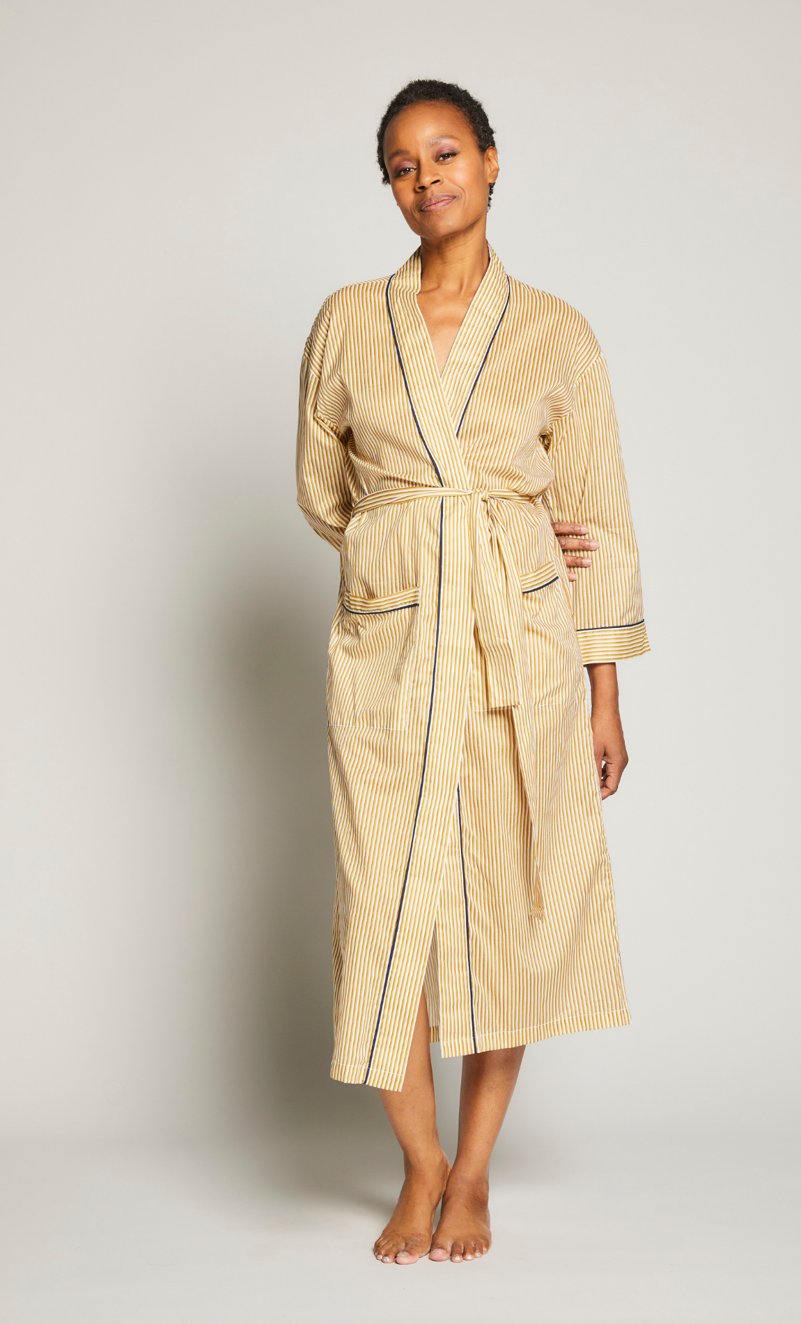 Long Striped Robe With Contrast Piping