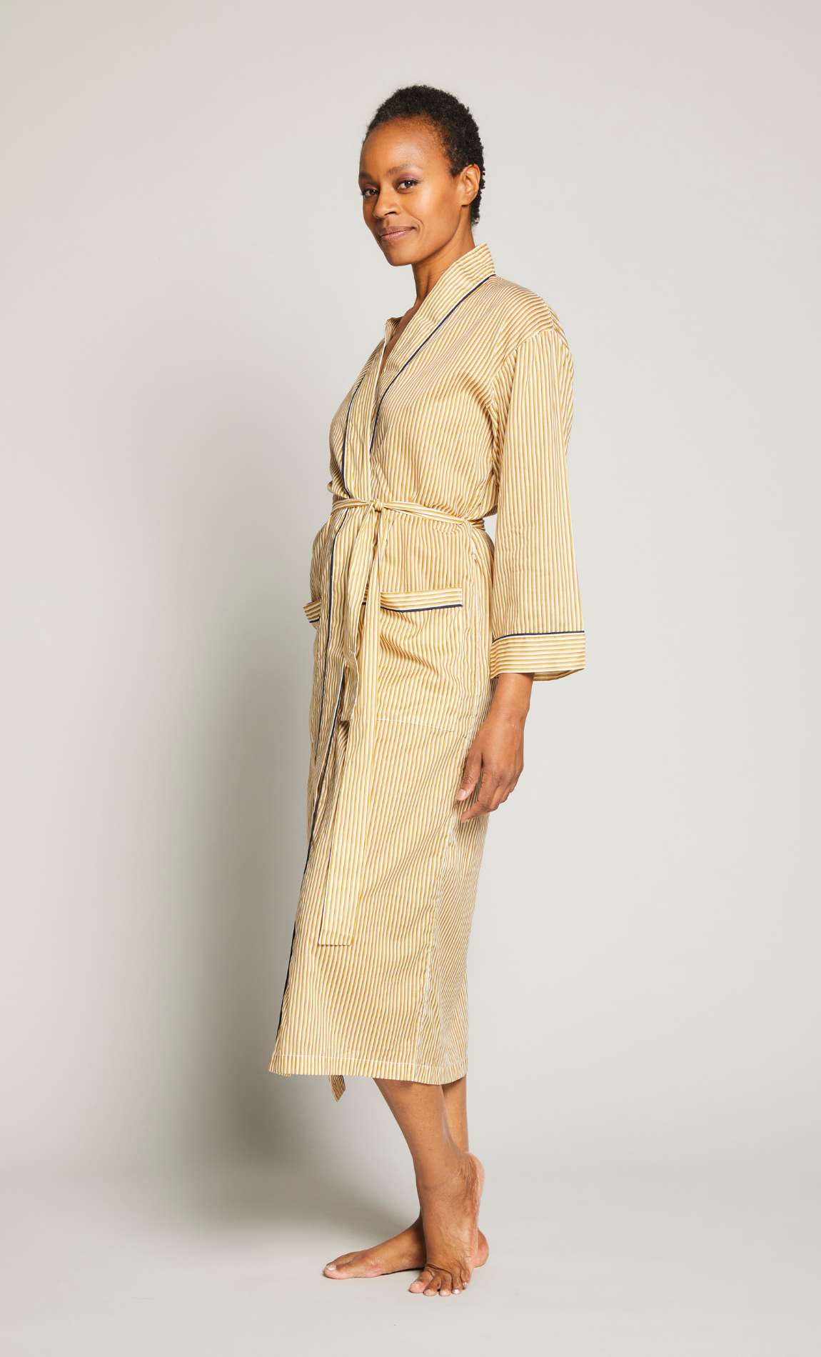 Long Striped Robe With Contrast Piping