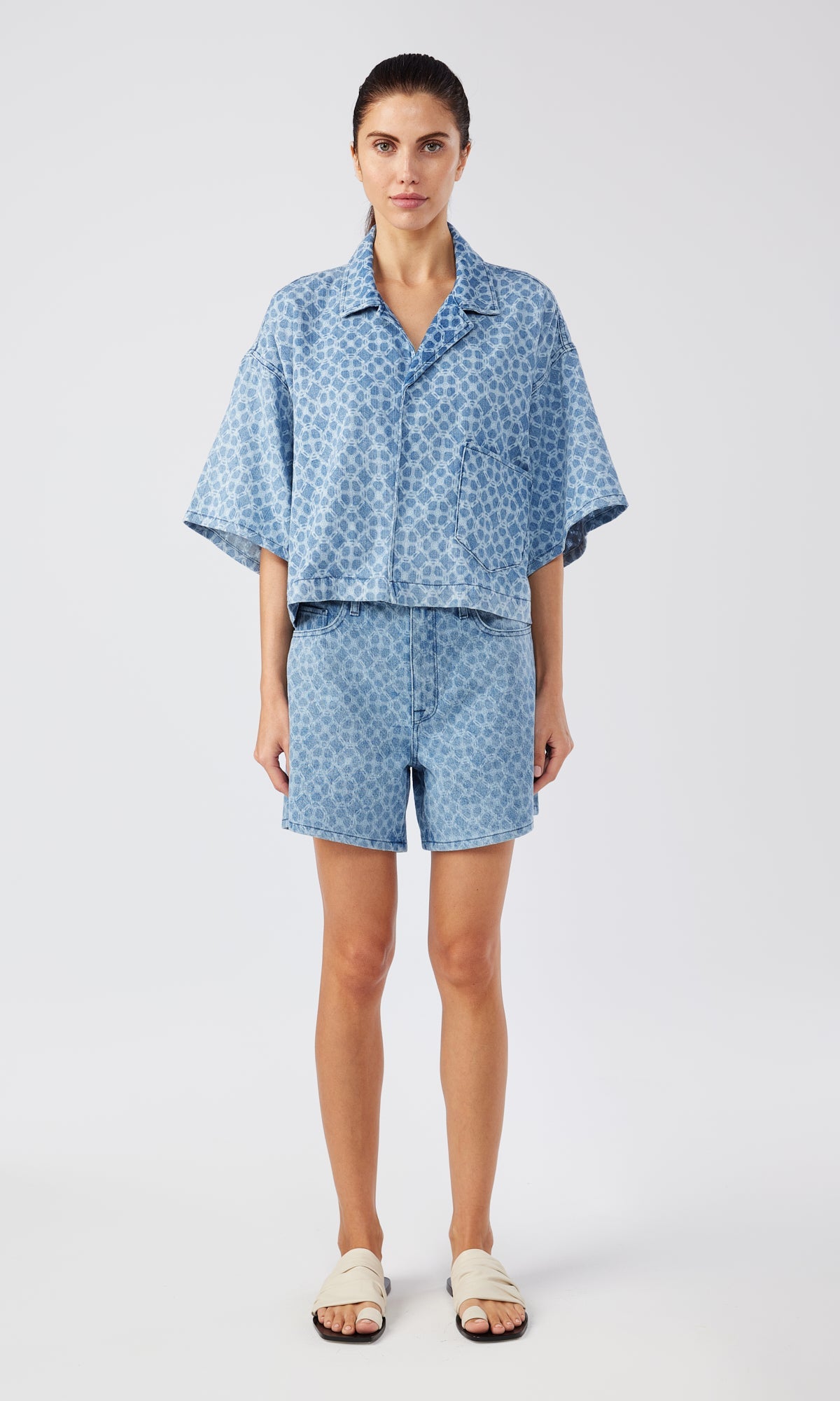 Ms. Brenda Monogram Oversized Short Sleeve Denim Shirt