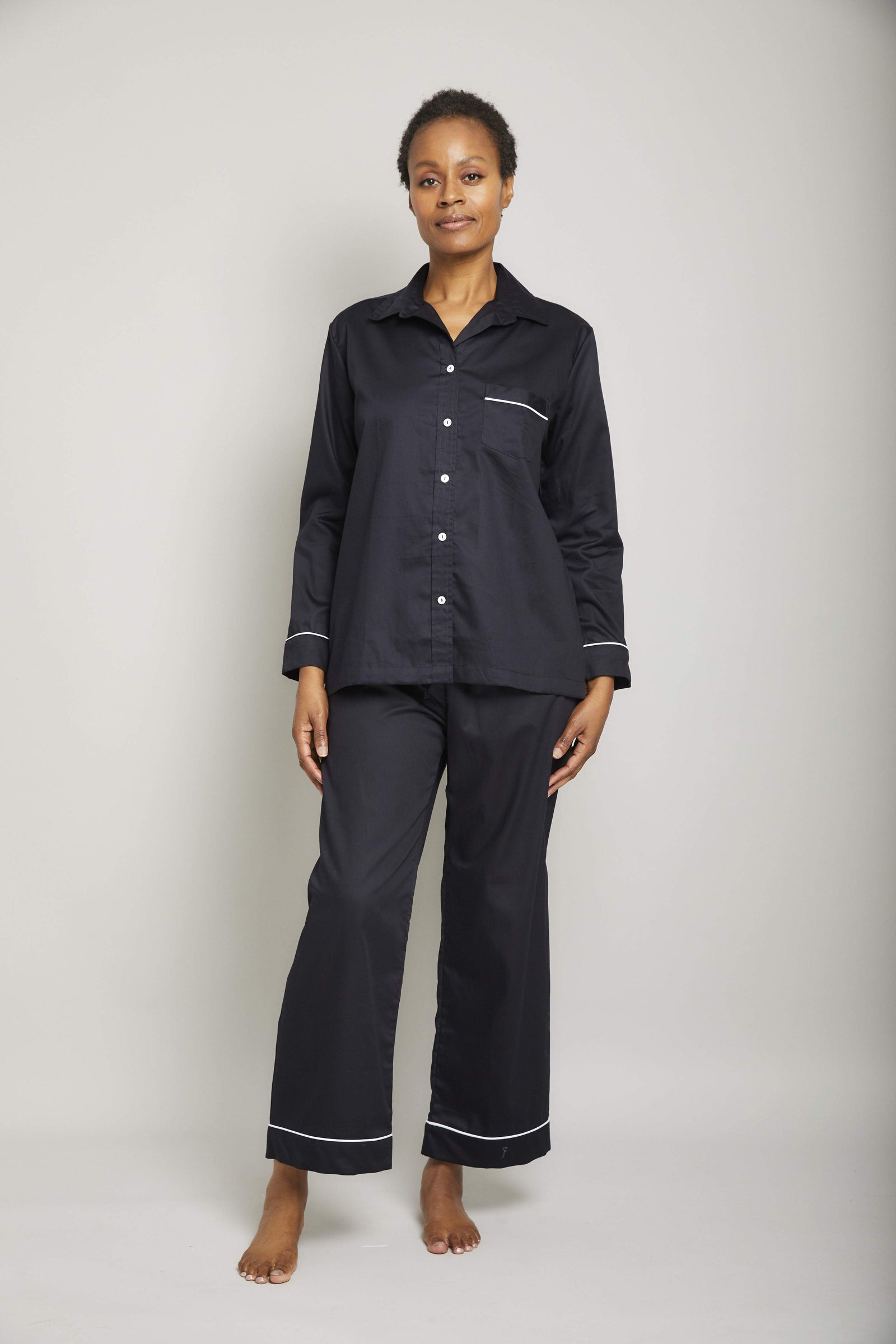 Cotton Sateen Striped Pajama Set with Piping