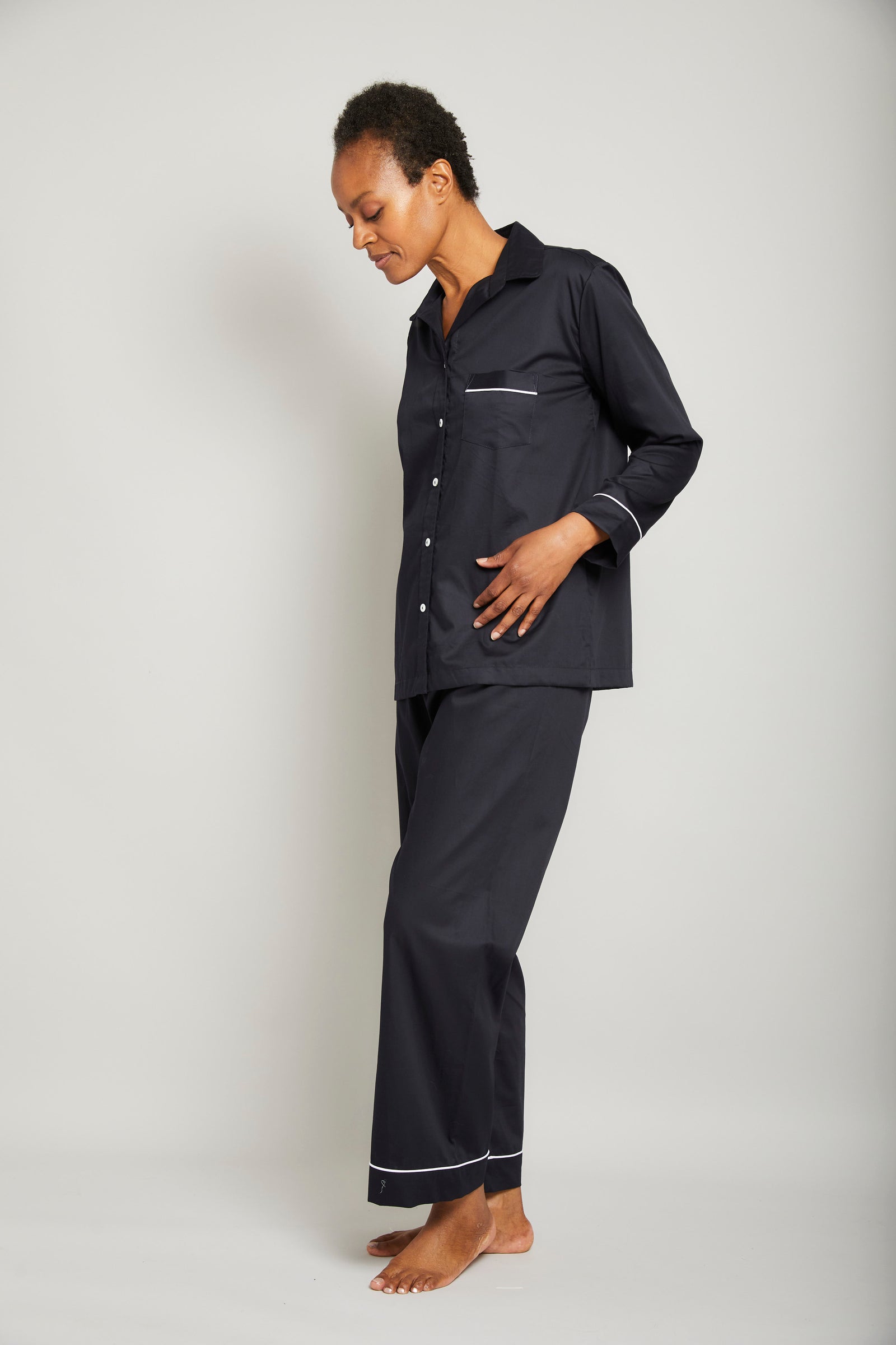 Cotton Sateen Striped Pajama Set with Piping