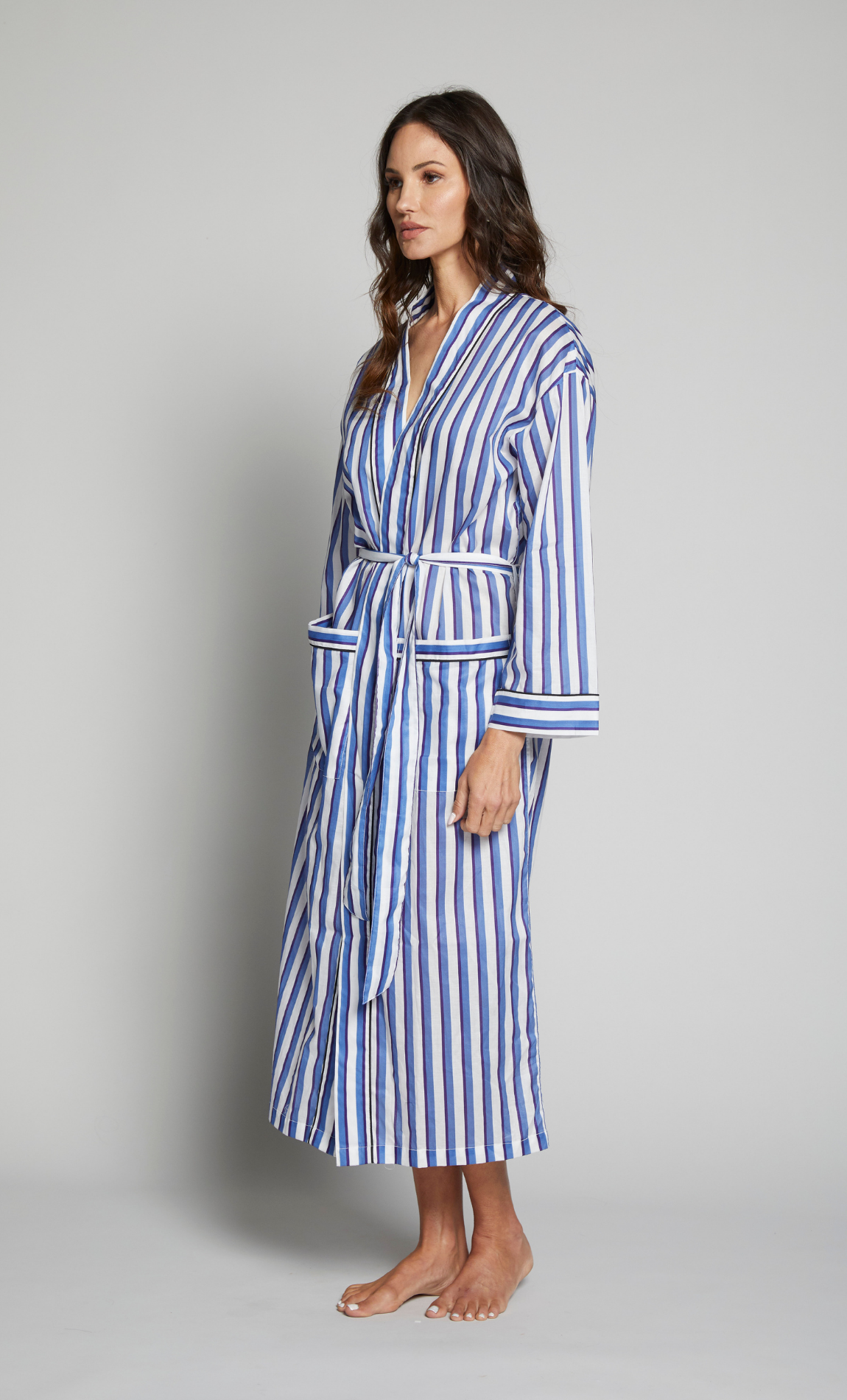 Long Striped Robe With Contrast Piping
