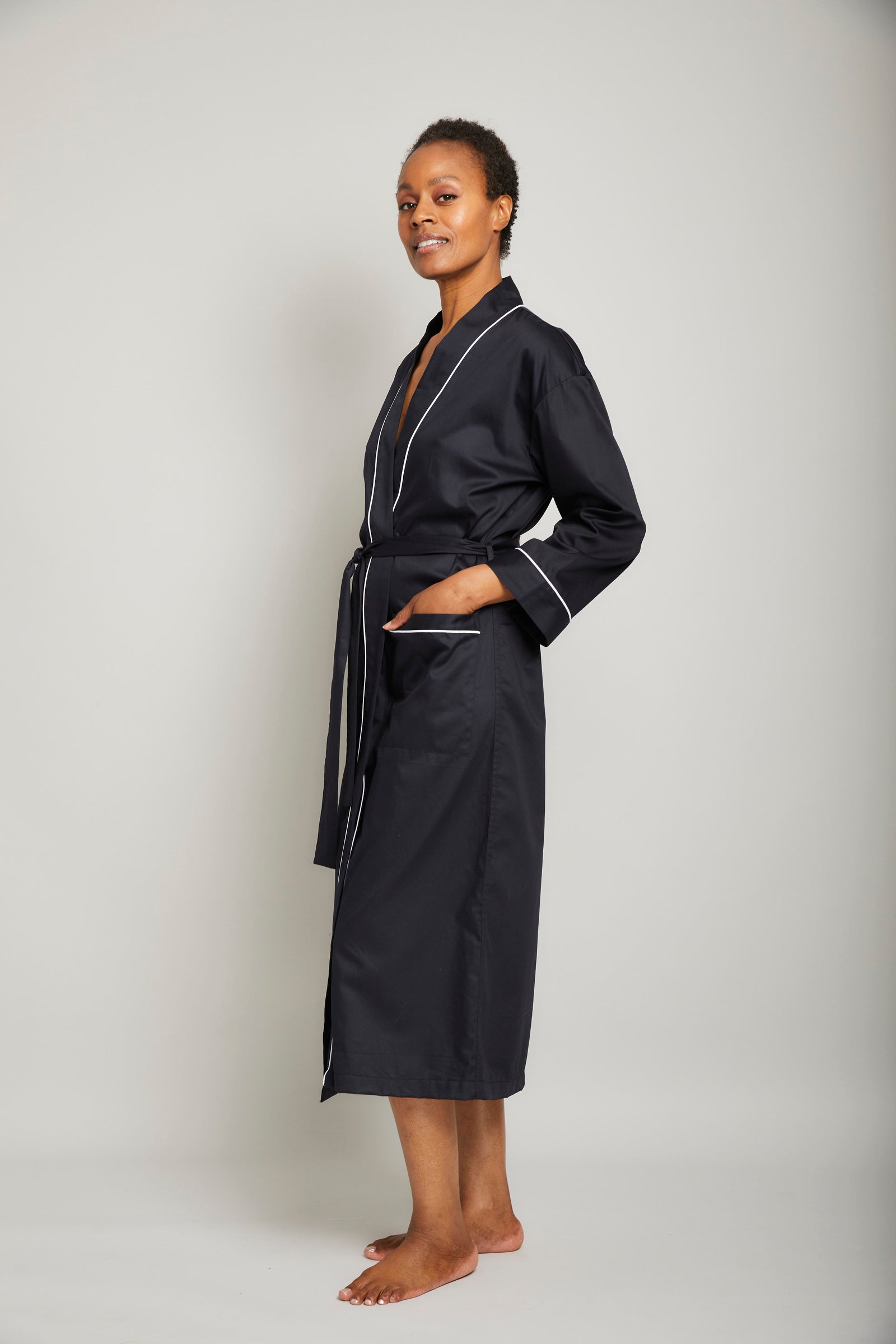Cotton Sateen Robe with Contrast Piping