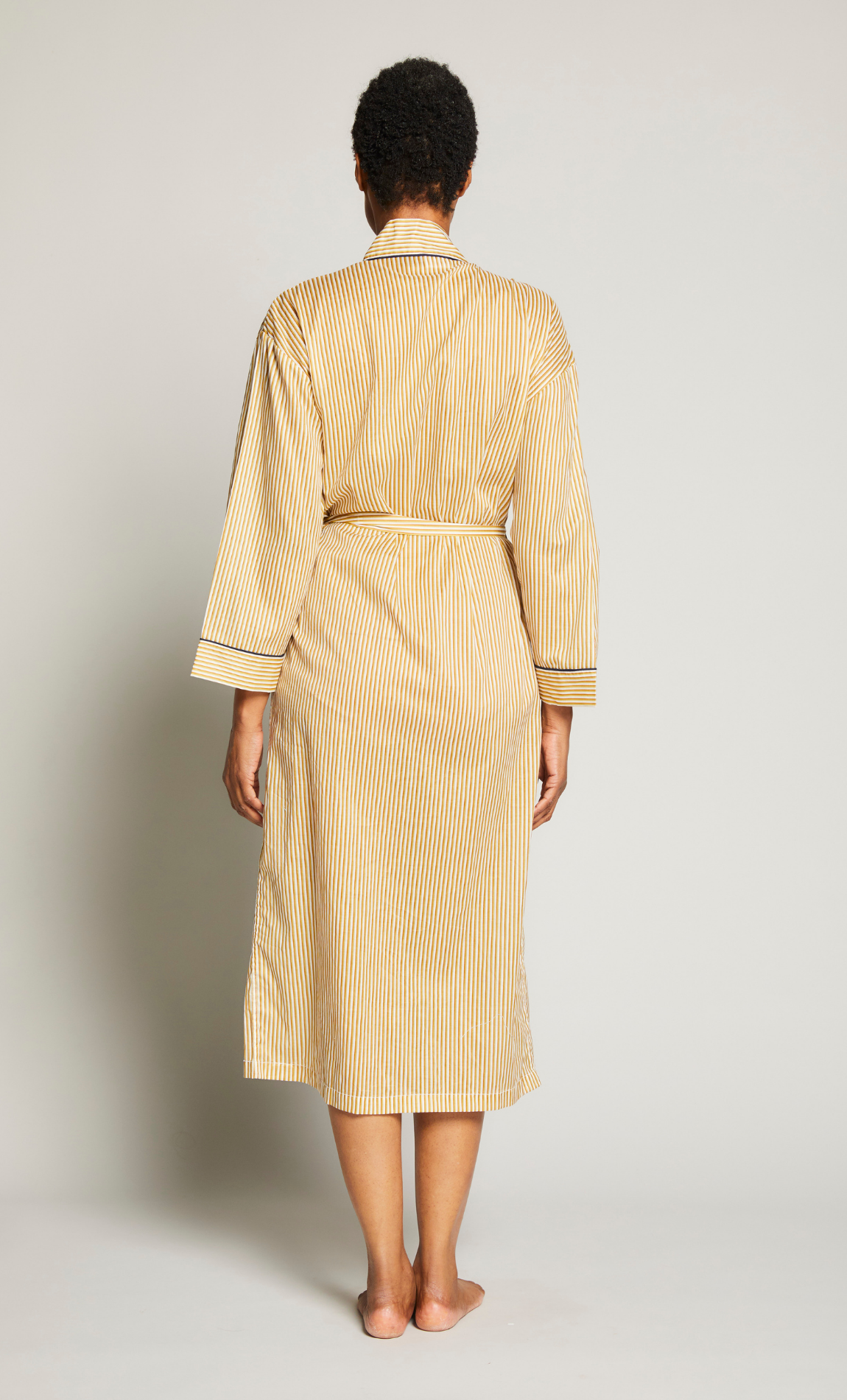 Long Striped Robe With Contrast Piping