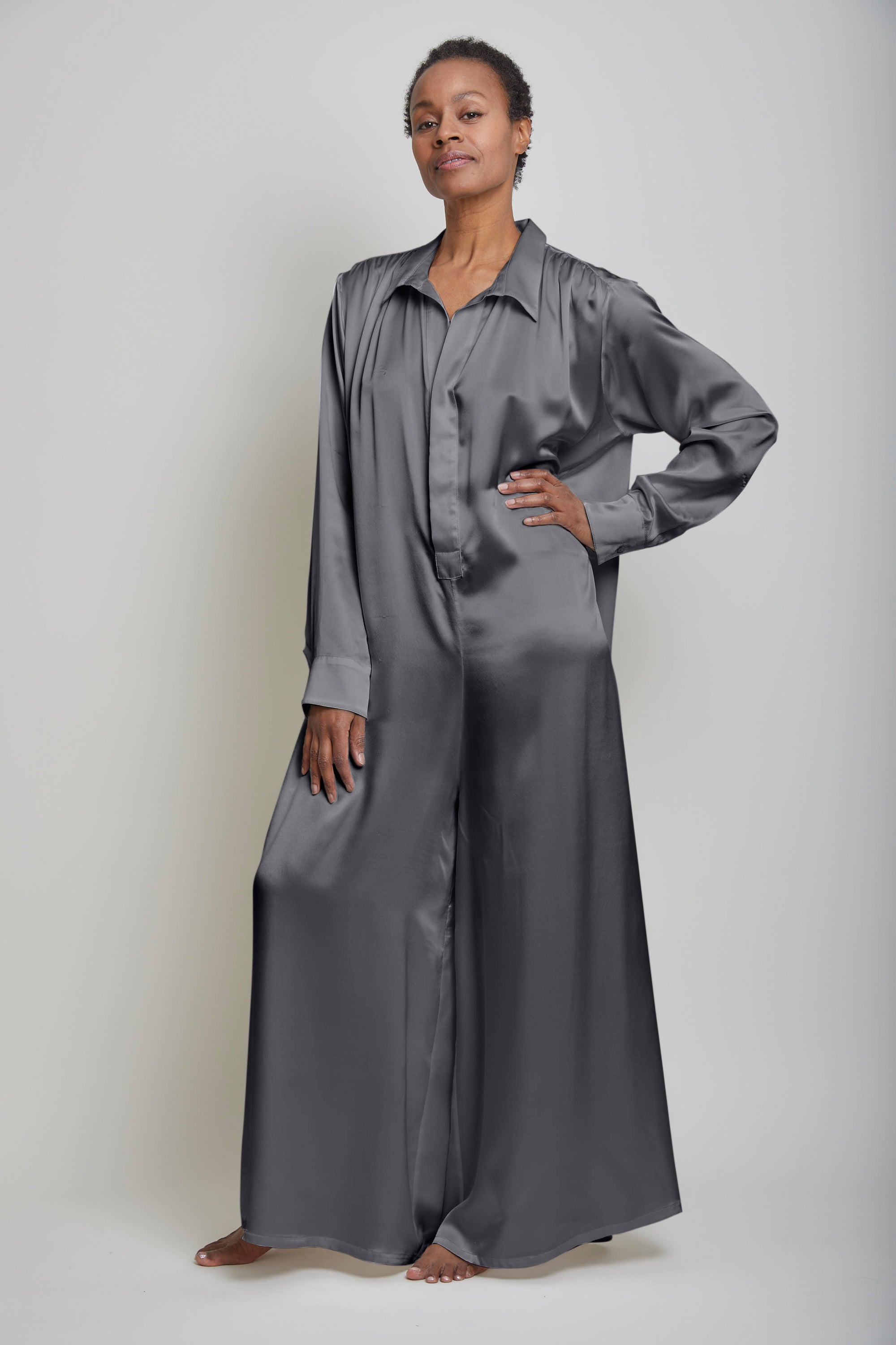 Long Sleeve Silk Charmeuse Jumpsuit