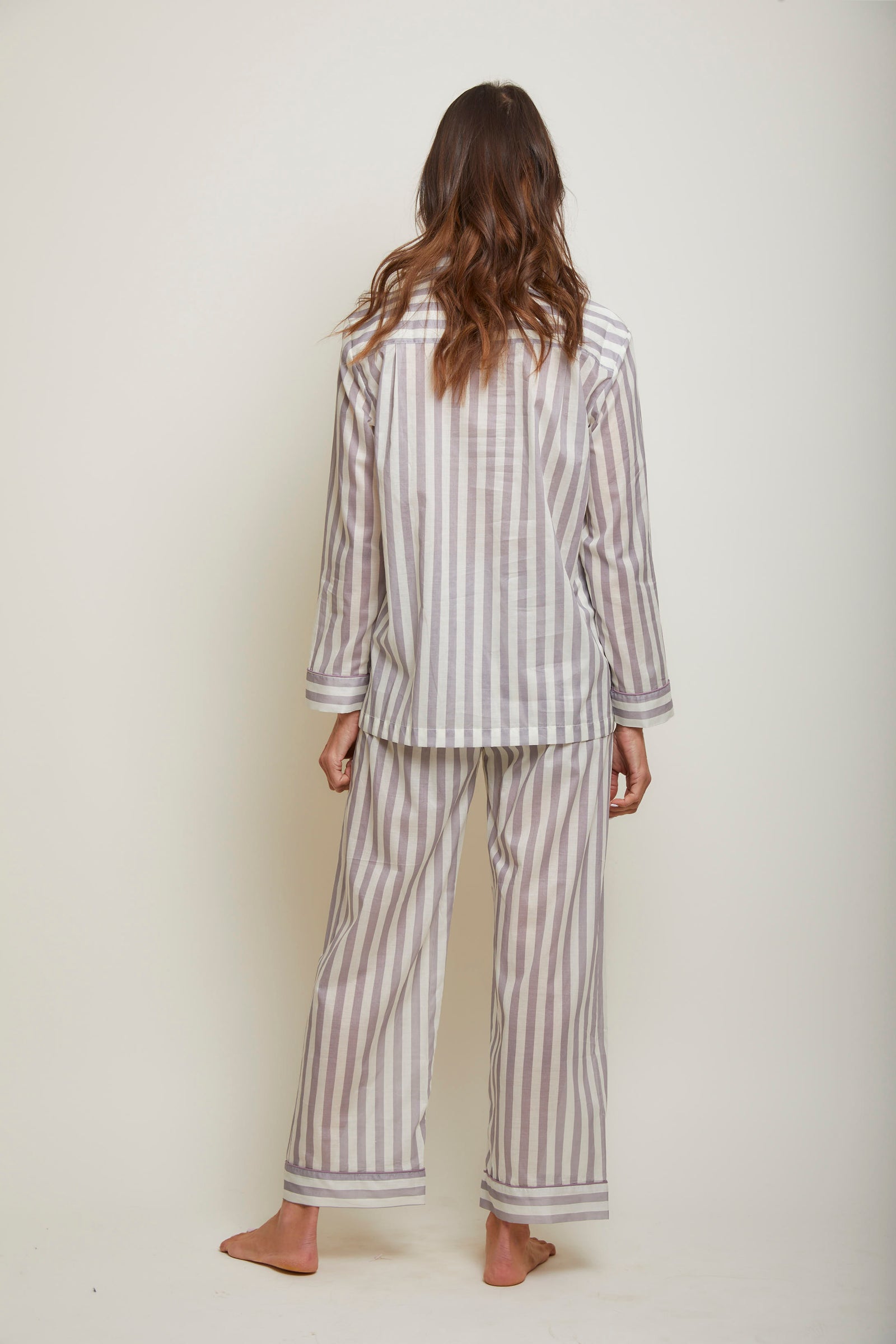 Cotton Striped Long Sleeve Cotton Pajama Set With Contrast Piping