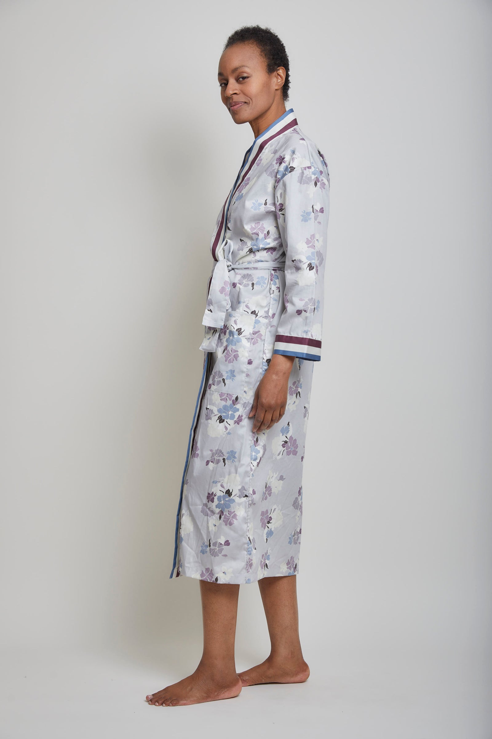 Cotton Iris Robe With Stripe Contrast