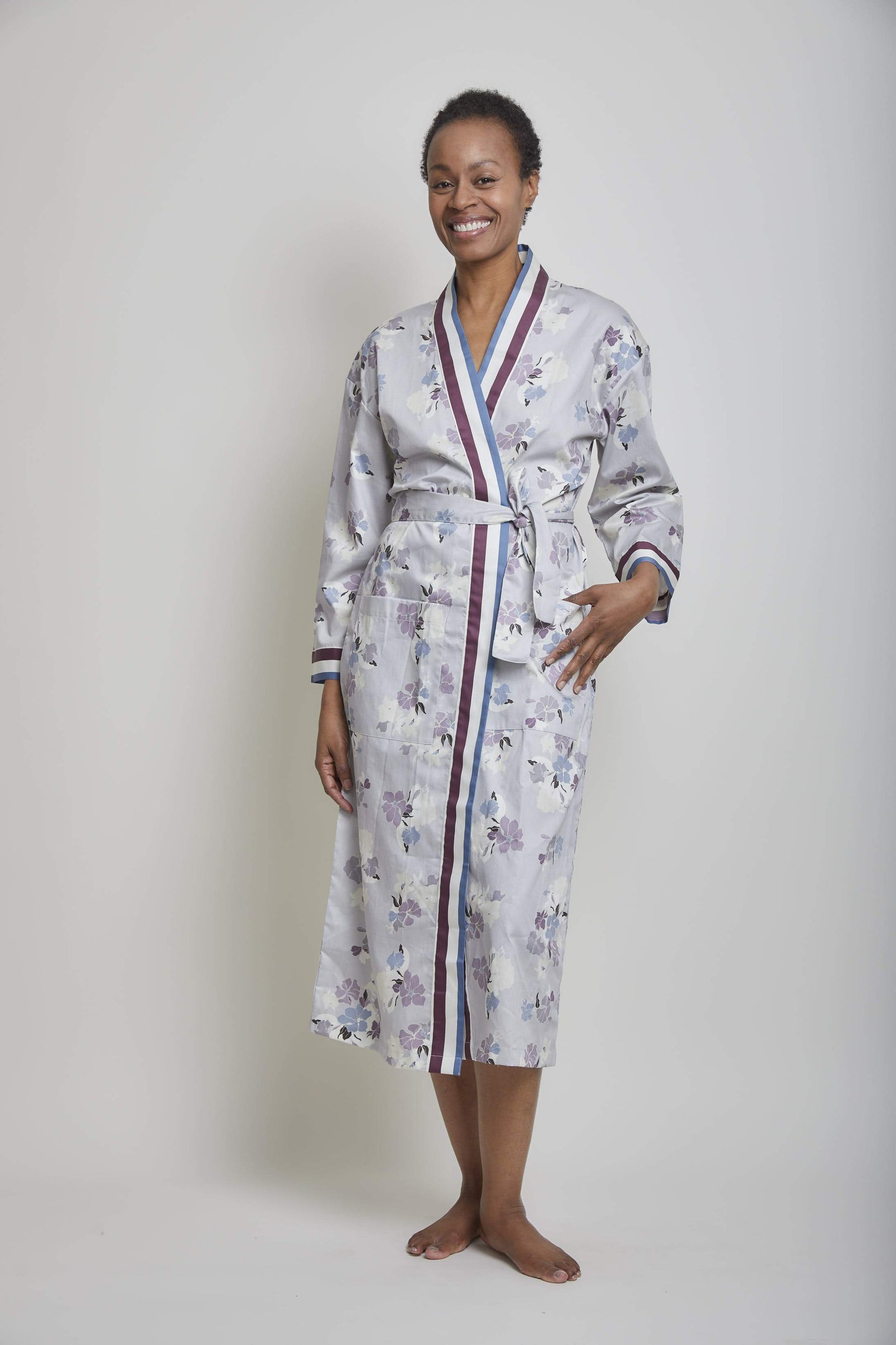 Cotton Sateen Iris Robe With Stripe Contrast