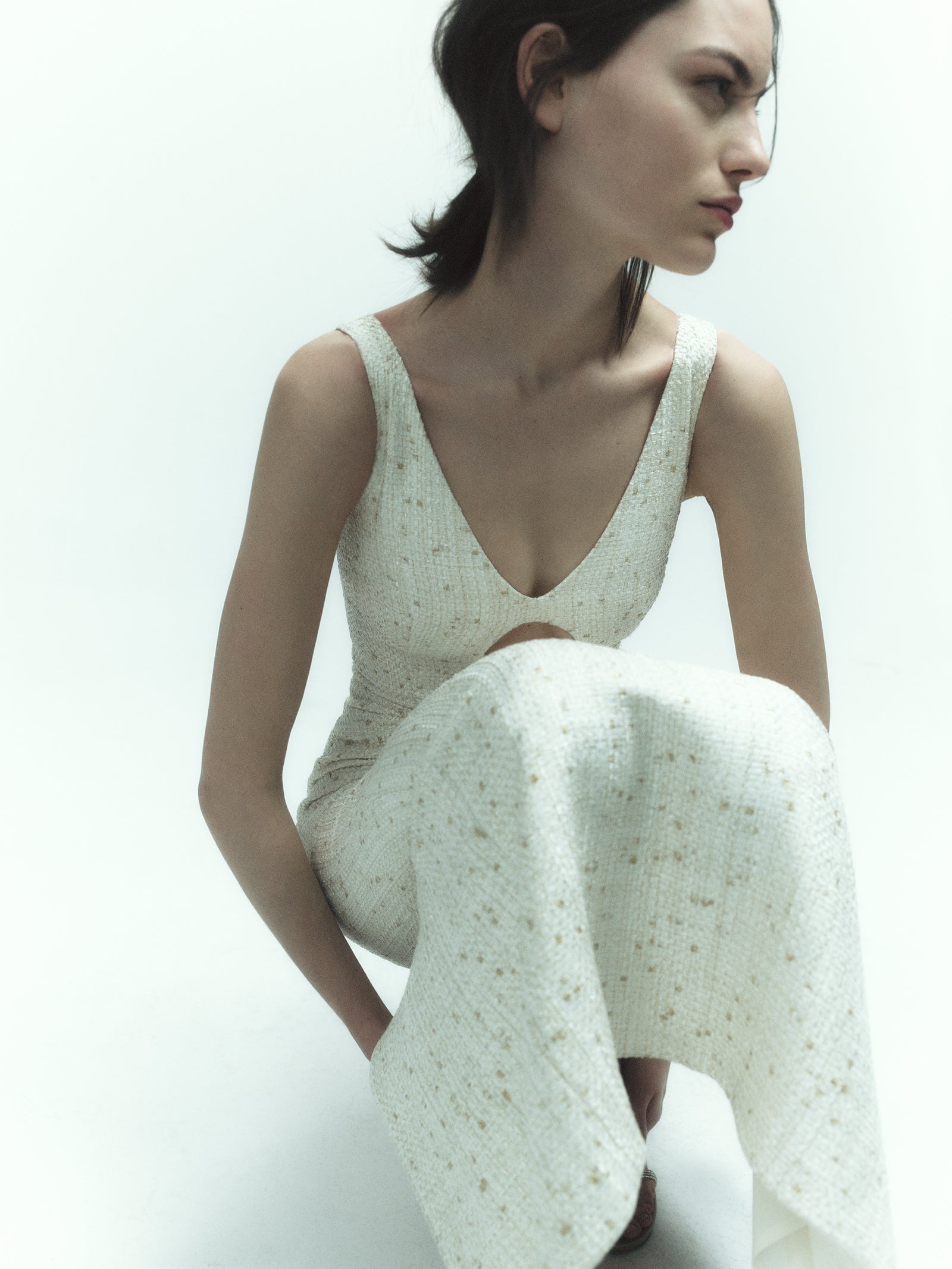 Tweed Maxi Cutout V Neck Dress