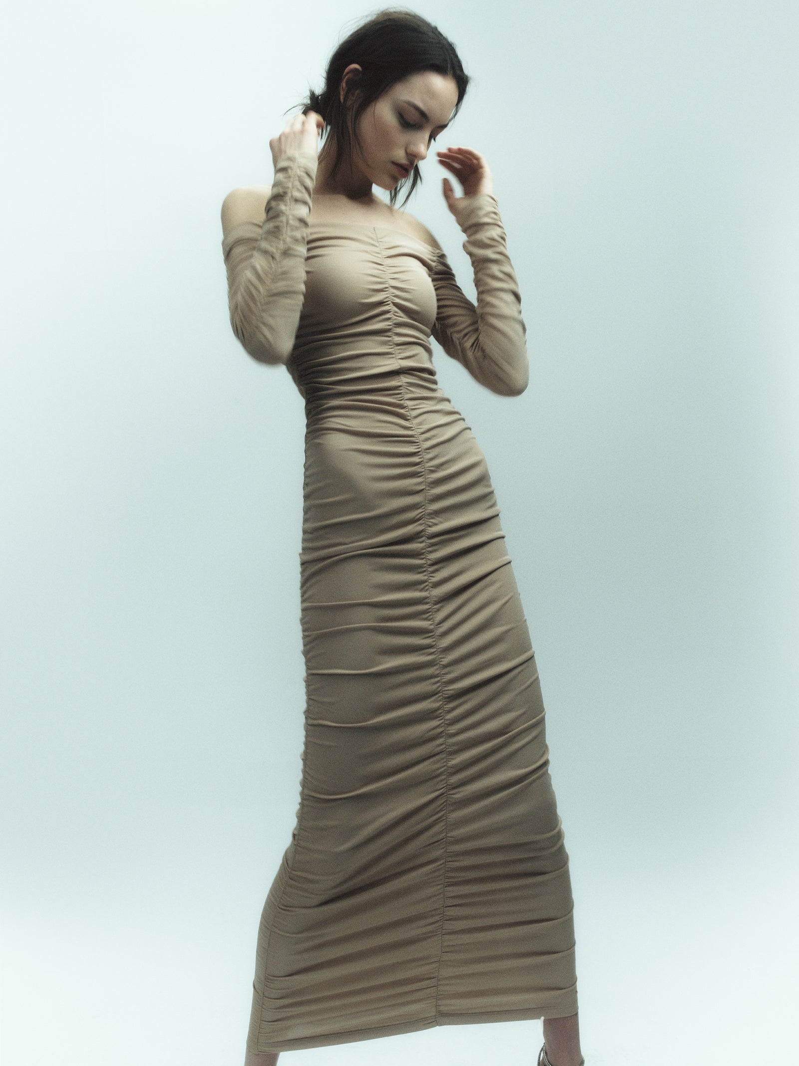 Off The Shoulder Ruched Jersey Maxi Dress