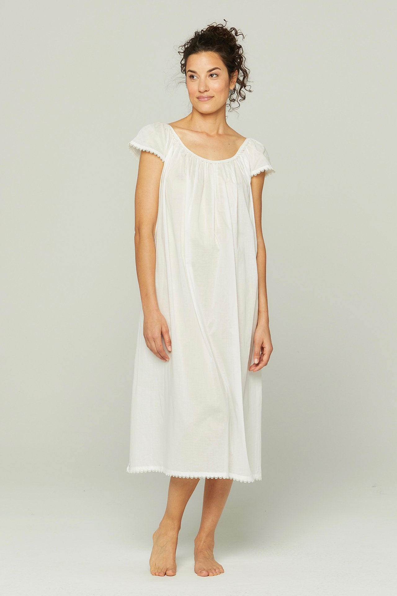 Long Cap Sleeve Nightgown with Flower Trim