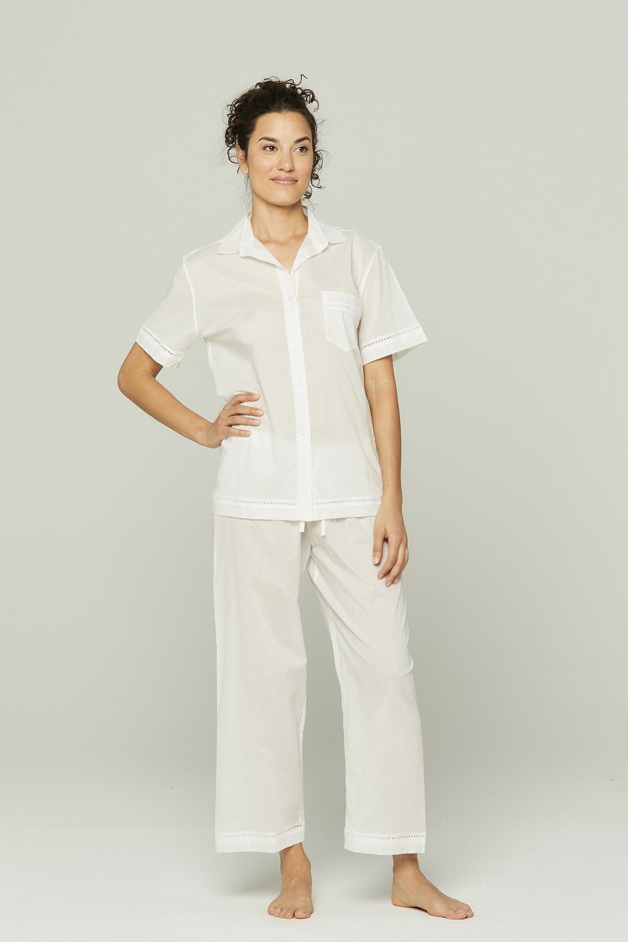 Short Sleeve CottonCropped Pajama Set with Lace Detail