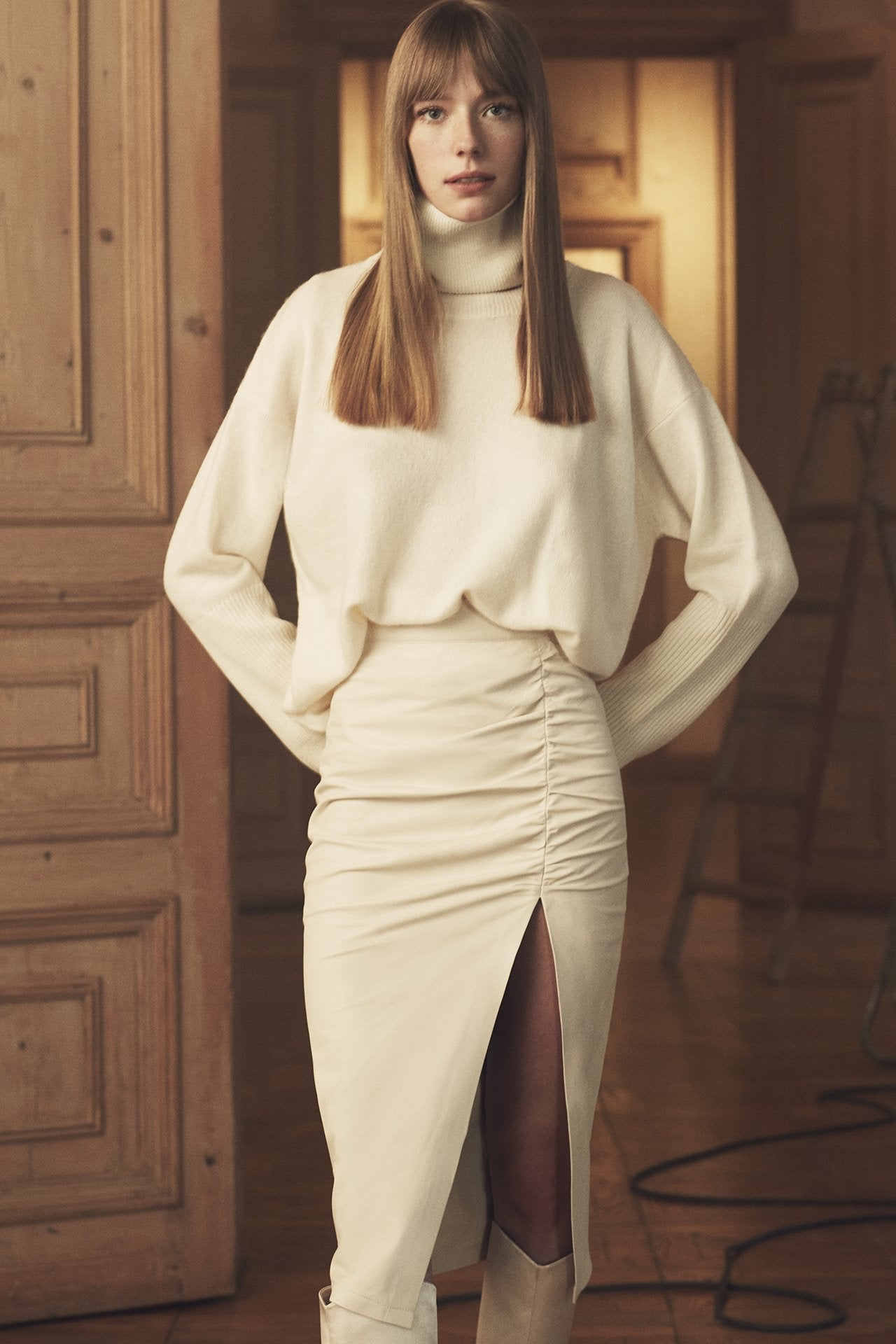 Ruched Midi Skirt with Slit