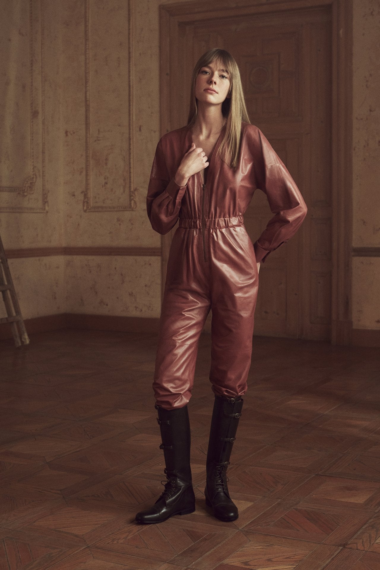 V Neck Leather Jumpsuit